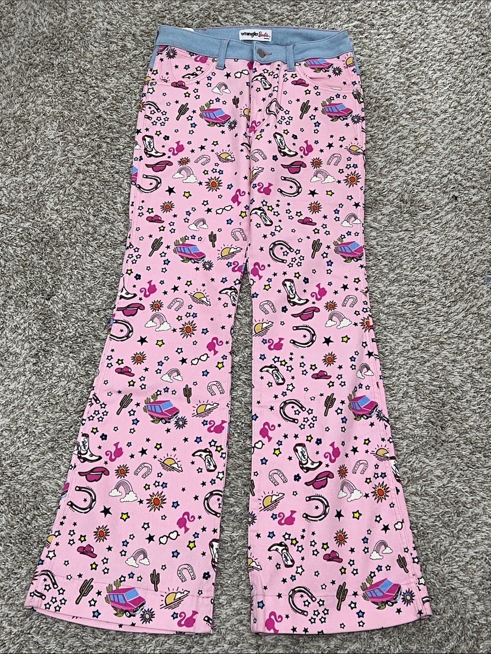 Wrangler Barbie Pink Western Novelty Flared Jeans with Light Blue Waistband - Picture 4 of 6